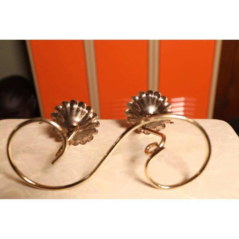 Vintage Gold Metal Double Flower Candlestick Holder MCM S-Curve Scalloped Cup‎